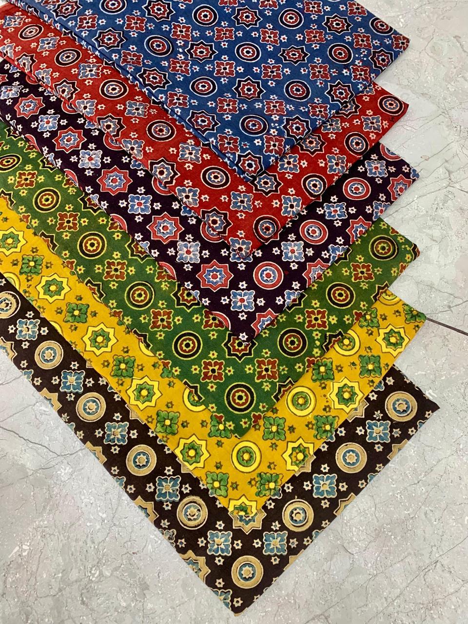 Ajrakh pure cotton handblock printed fabric in black base with multicolour geometric patterns